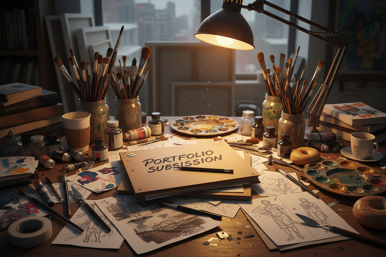 dossier de candidature, avec crayon sur un bureau très encombré dans un atelier d'artiste